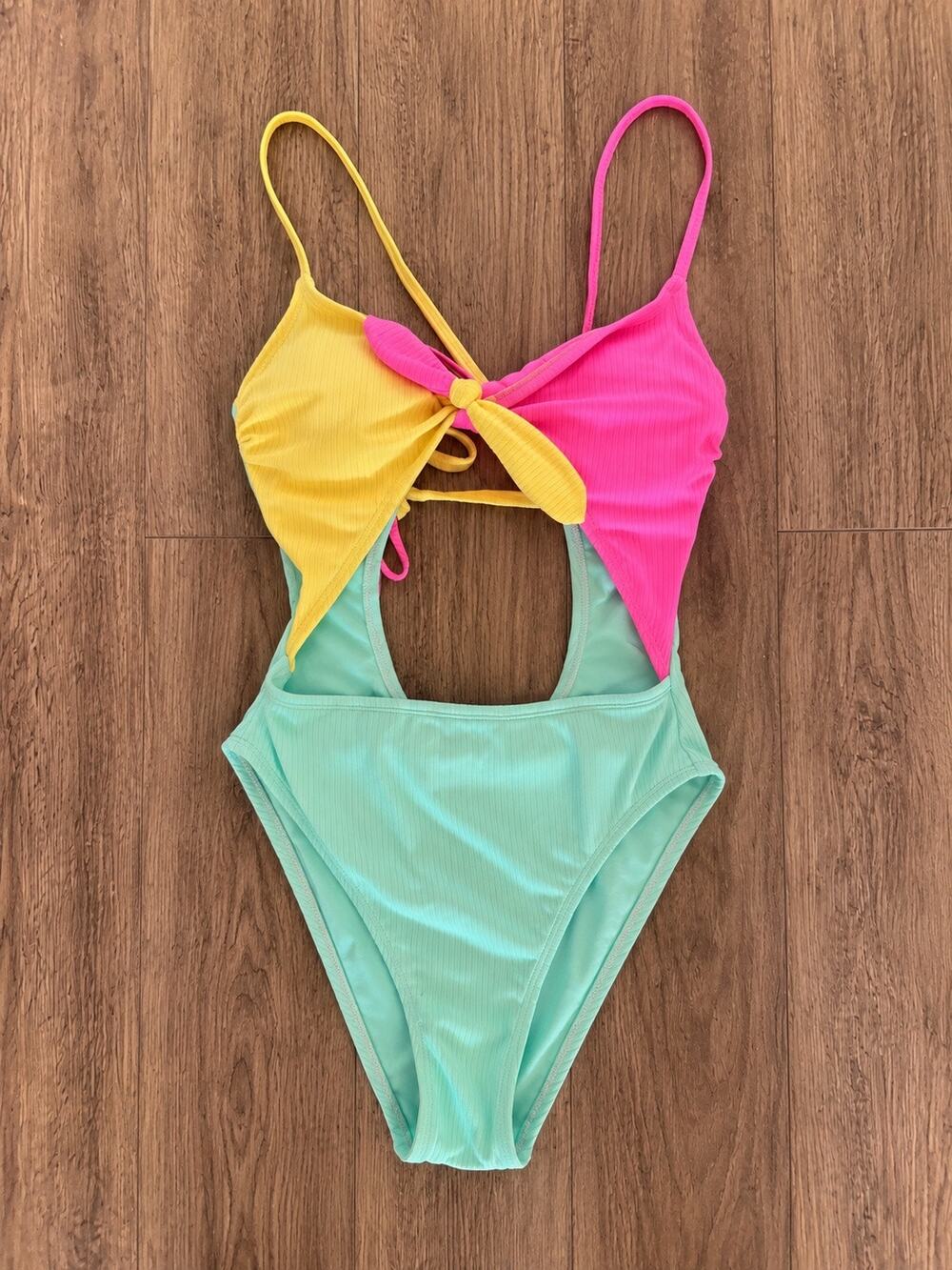 NWOT Colorblock Cutout One Piece Swimsuit Size S  Tie Front Pink Yellow Mint